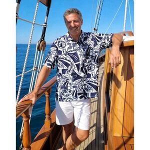 RLX Ralph Lauren Polo Blue Sailboat Nautical Print Shirt Mens Size XL MSRP $115